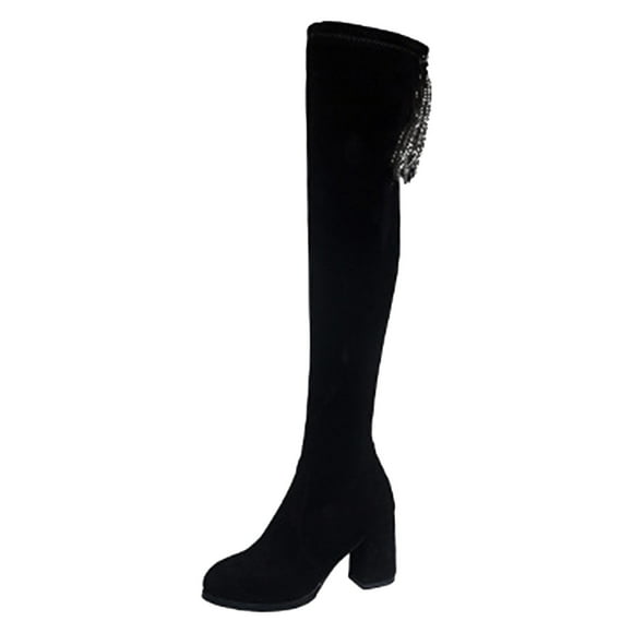 B91xZ Wide Calf Boots for Women PU Flat Pull On Fall Weather Slouchy Knee High Boots,Black 8
