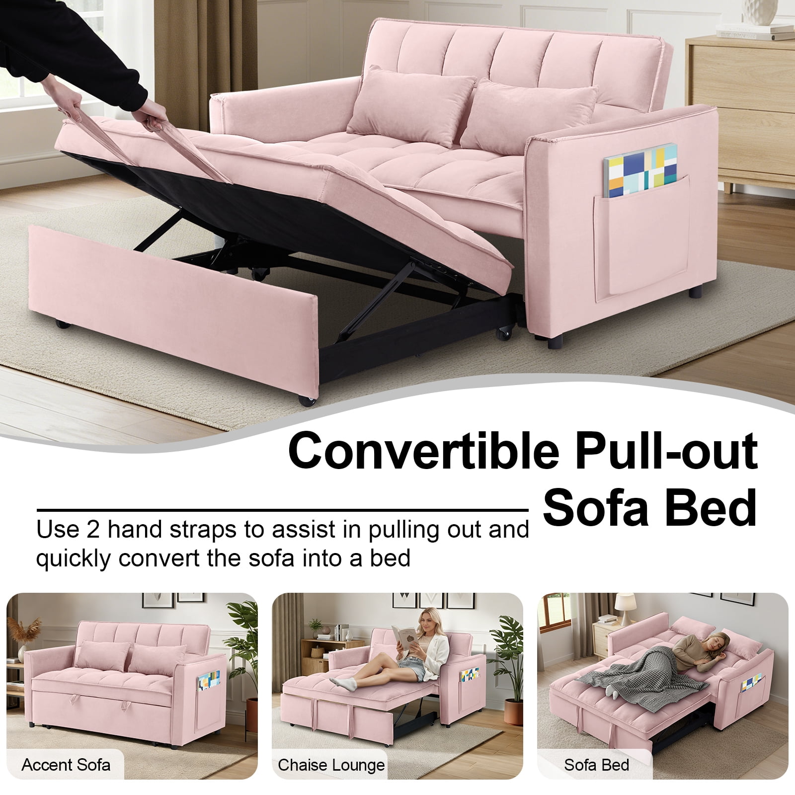 Howcool 55" 3 in 1 Convertible Sleeper Sofa Bed, Pull Out Loveseat Couch with Storage Pocket,Pink