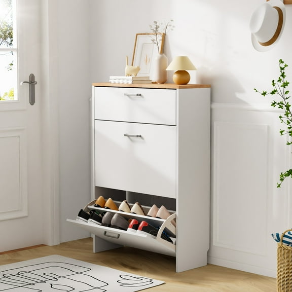 UBesGoo Shoe Cabinet Storage for Entryway with 2 Flip Drawers & Drop-Down Door, White & Oak
