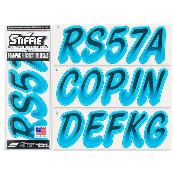 STIFFIE Whipline Black / Sky Blue 3" Alpha-Numeric Identification Custom Kit Registration Numbers & Letters Marine Stickers Decals for Boats & Personal Watercraft PWC