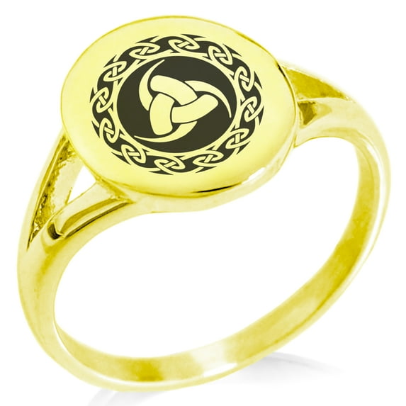 Stainless Steel Triskelion Triple Horn of Odin Viking Minimalist Oval Top Polished Statement Signet Ring
