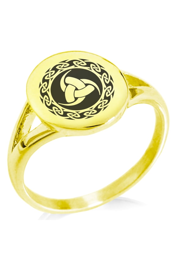 Stainless Steel Triskelion Triple Horn of Odin Viking Minimalist Oval Top Polished Statement Signet Ring