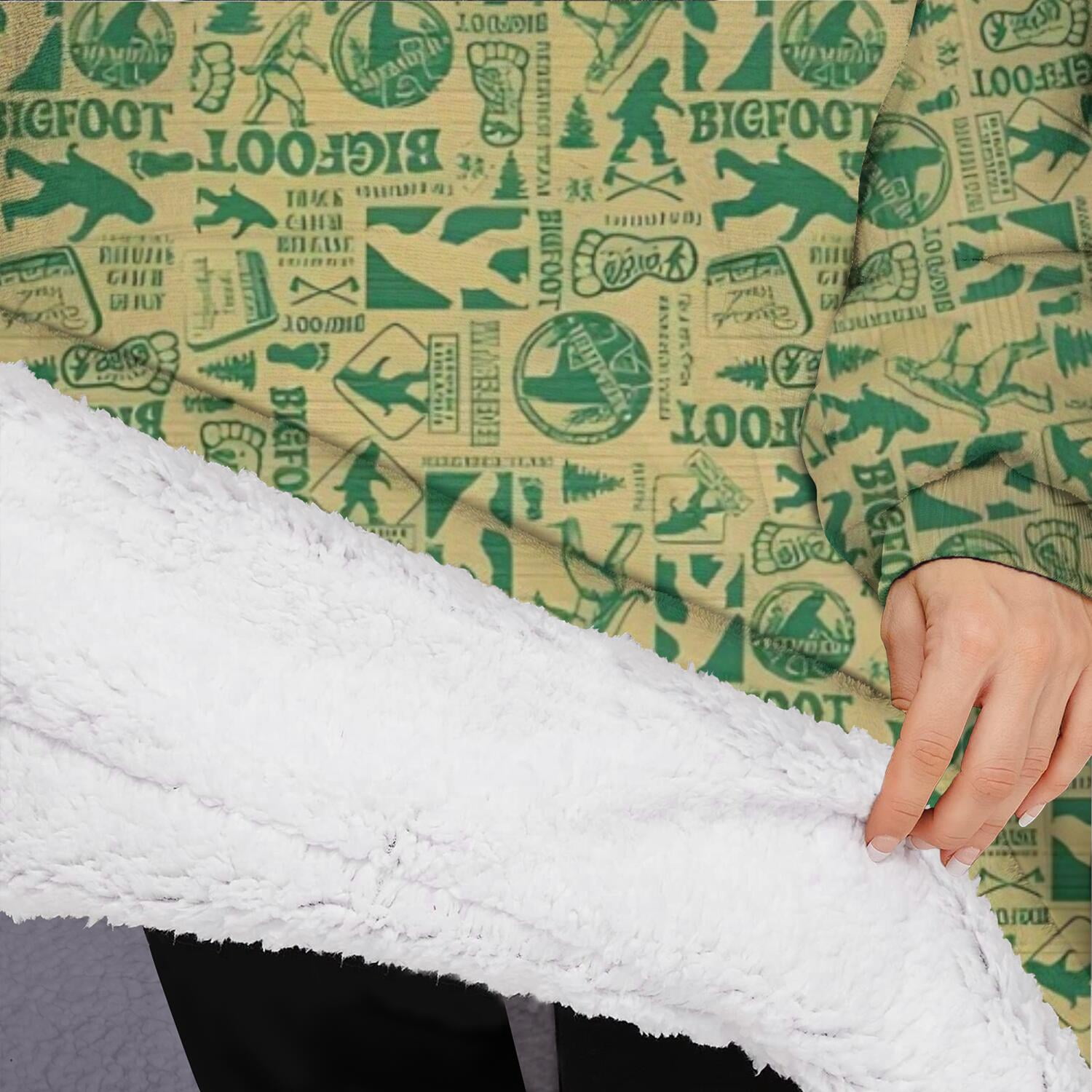Oversized Wearable Blanket Hoodie,Green Bigfoot and Text Pattern Sherpa Blanket Hoodie with Super Pockets,Super Warm Fuzzy Pullover for Women & Men