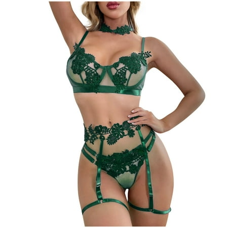 

dtydtpe bras for women underwire bra embroidery thong underwear garter belt neck ring green