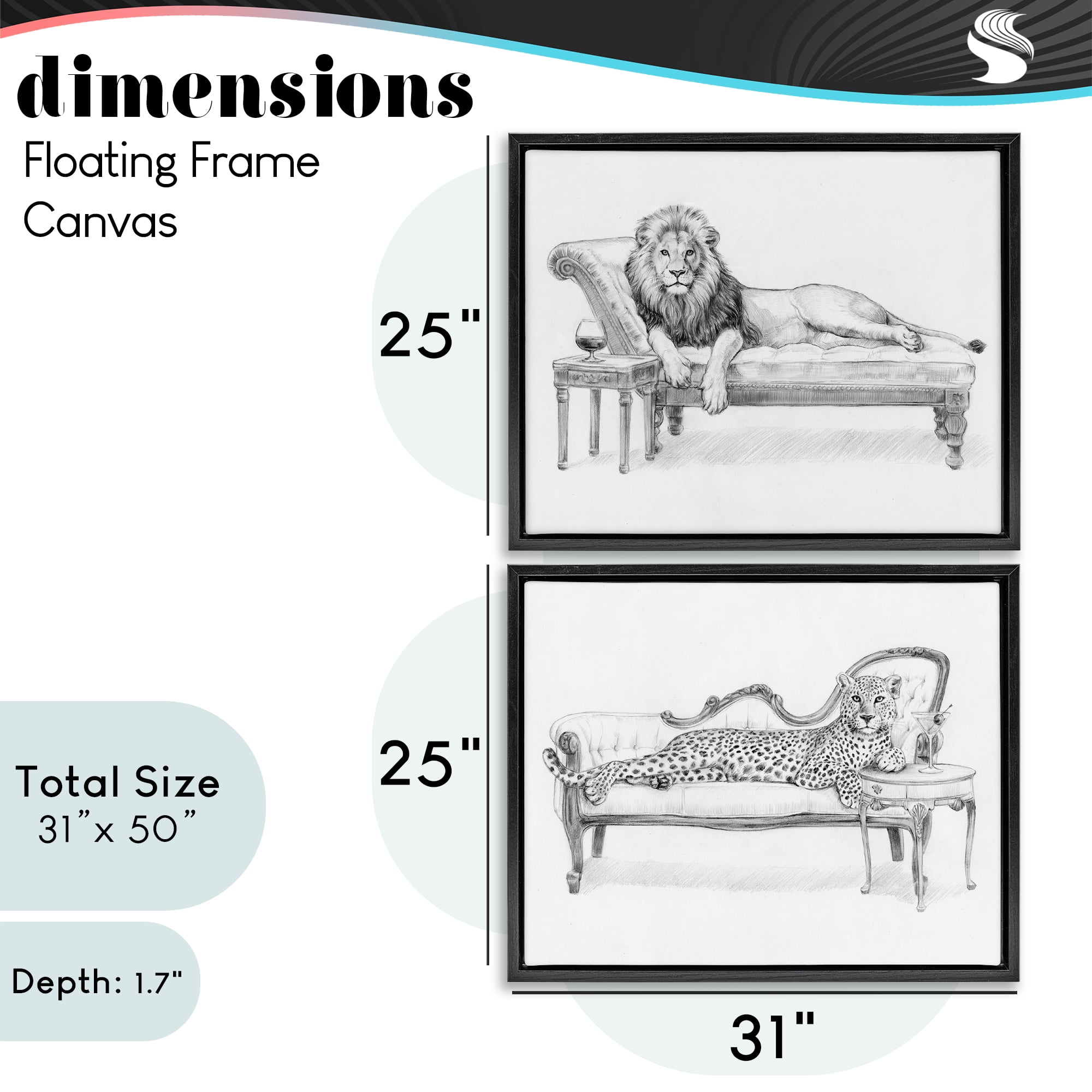 Stupell Industries Lounging Beasts Wildlife 2 Piece Black Framed Floater Canvas Set, design by Victoria Barnes