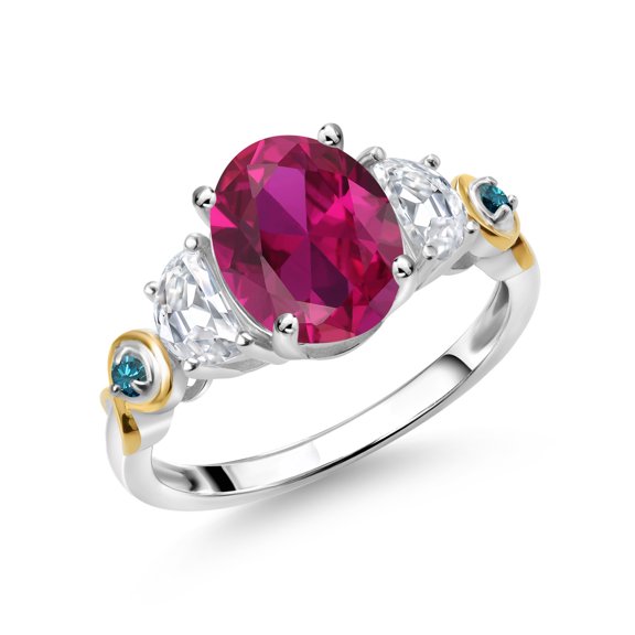 Gem Stone King 925 Silver and 10K Yellow Gold 3-Stone Ring Oval Red Created Ruby and Moissanite (2.51 Cttw, Size 8)