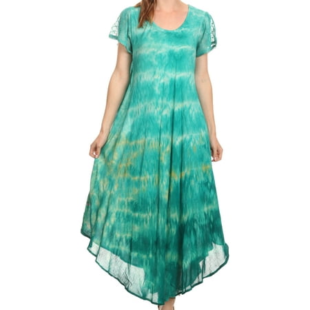 Long Sleeve Caftan - Sakkas Kaylaye Long Tie Dye Ombre Embroidered Cap Sleeve Caftan Dress / Cover Up - Aqua - OS