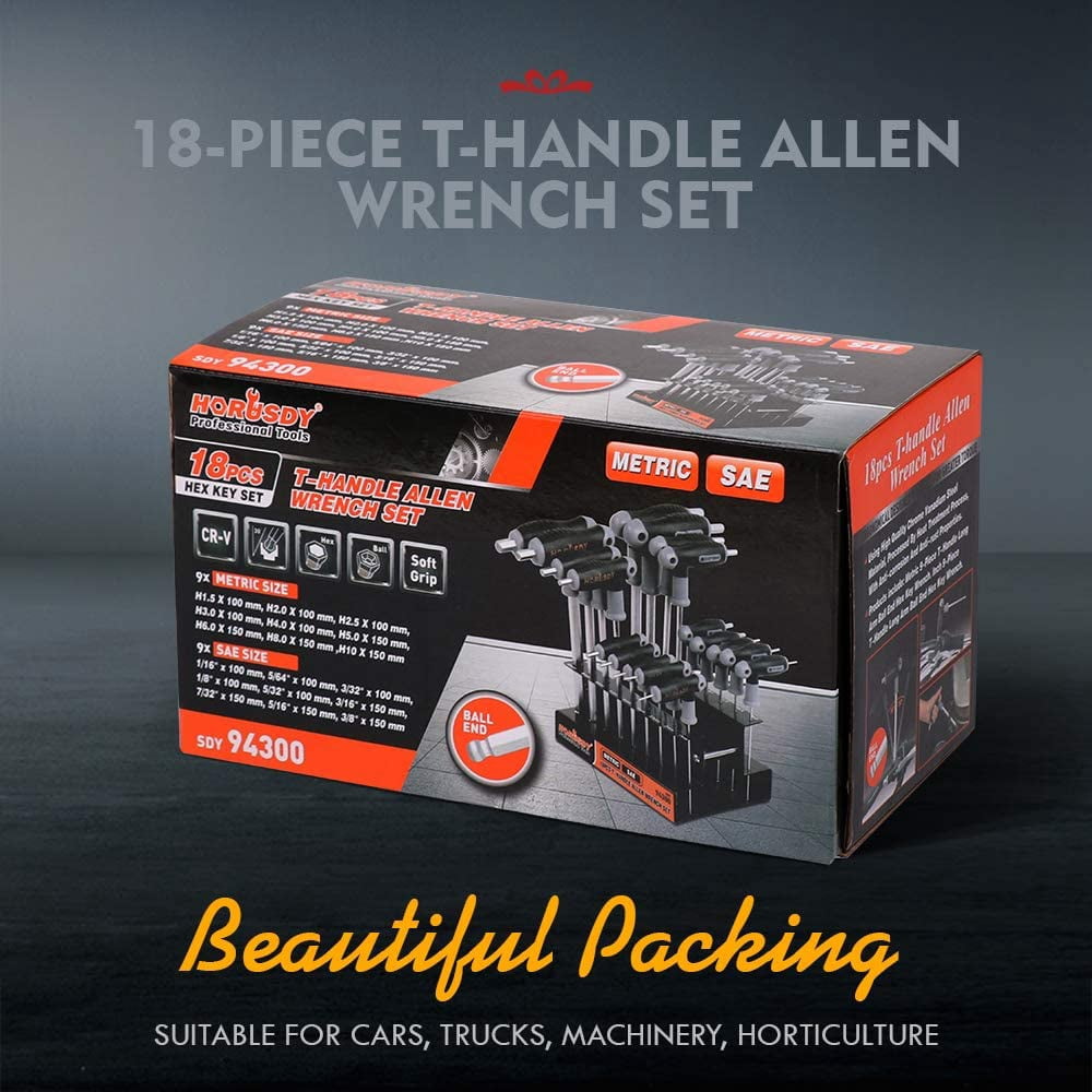 HORUSDY 18 Piece T-Handle Allen Wrench Set Inch / Metric Long Arm Ball End Hex Key Wrench Set MM(1.5mm-10mm) SAE(1/16"-3/8")