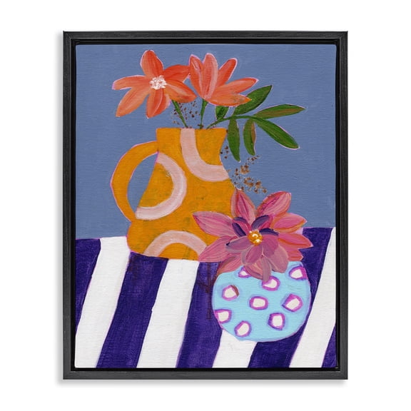 Stupell Industries Blue Whimsy Farm Vase Plants & Flowers Painting Black Floater Framed Canvas Art Print Wall Art, 17 x 21