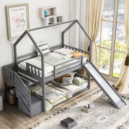 Twin Over Twin Bunk Bed for Kids  House Bunk Bed with Convertible Slide and Roof Design  Solid Wood Twin Bunk Bed with Storage Staircase and Full-Length Guardrail for Kids Teens Adults  Gray