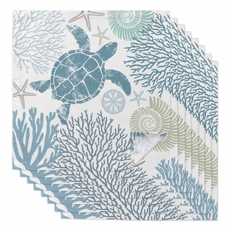 Boanket Teal Blue Coastal Turtle Cloth Napkins Set of 8 Holiday Napkins for Baby Shower Ocean Coral Nautical Washable Reusable Dinner Napkins for Cocktail Wedding Party 20 x 20 Inch