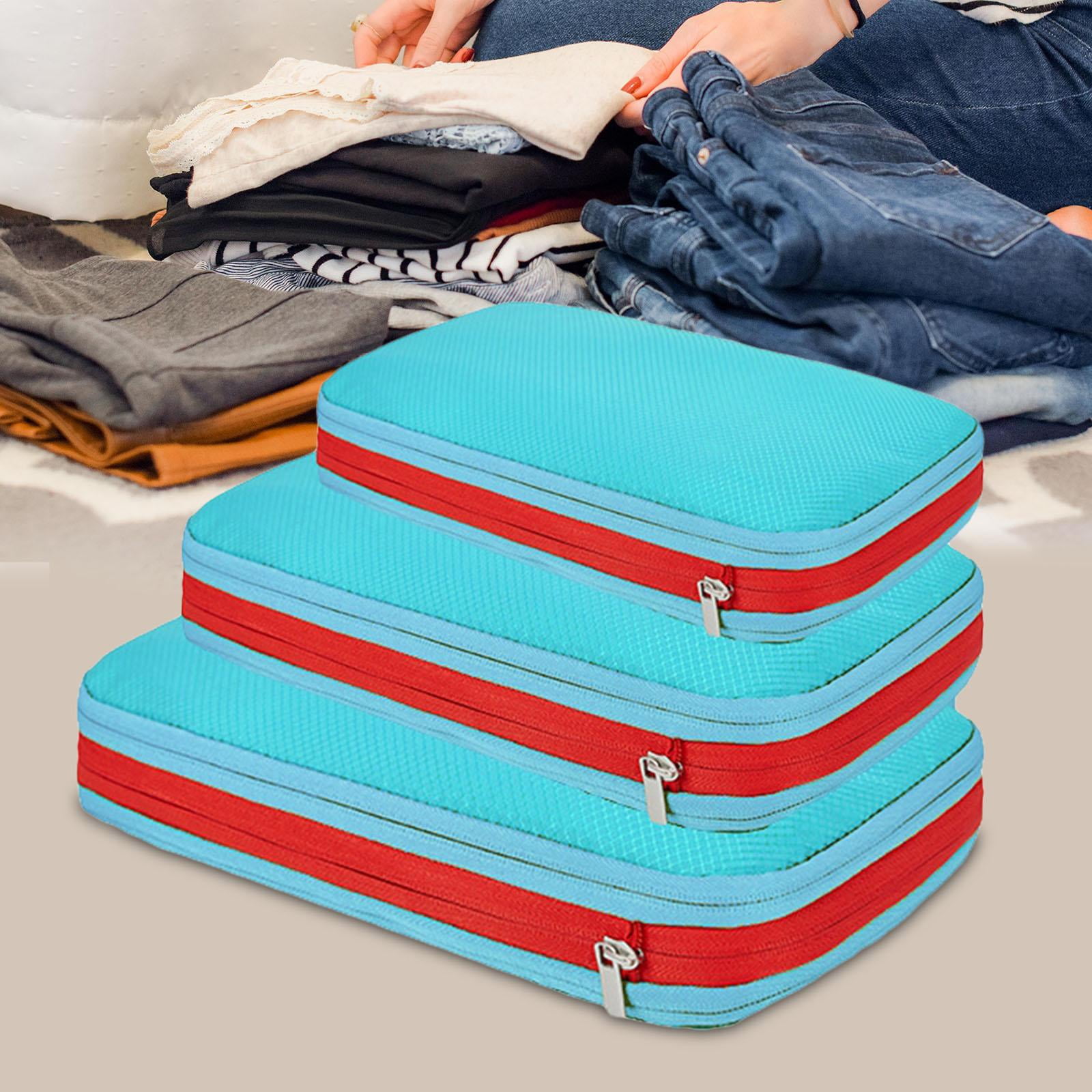 Fiocias 3 Pieces Compression Packing Cubes Waterproof Double Zippers Storage Bags Double Light Blue