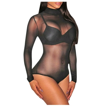 Ploknplq Bodysuit Shapewear Womens Underwear Body Suits for Womens Lingerie One Piece Bodysuit Sleepwear Nightwear Sheer Mesh Leotard O Neck Crotchless Bodysuit One Piece Babydoll Sleepwear Black 3XL