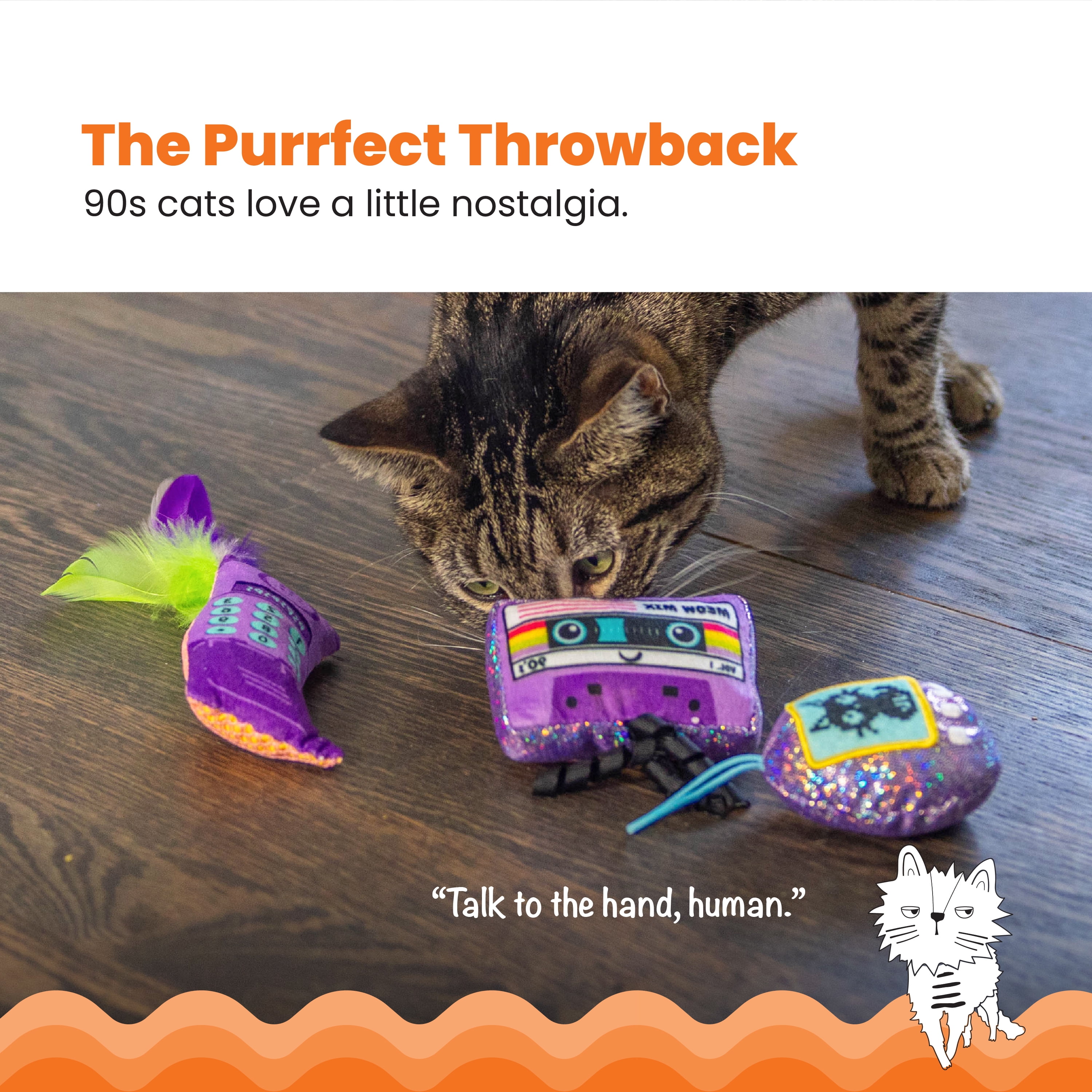 Catstages So Meowsome 90s Cat Toys, 3-Pack Catnip Plush Toys with Crinkle, Feathers & Dental Mesh, Multicolored