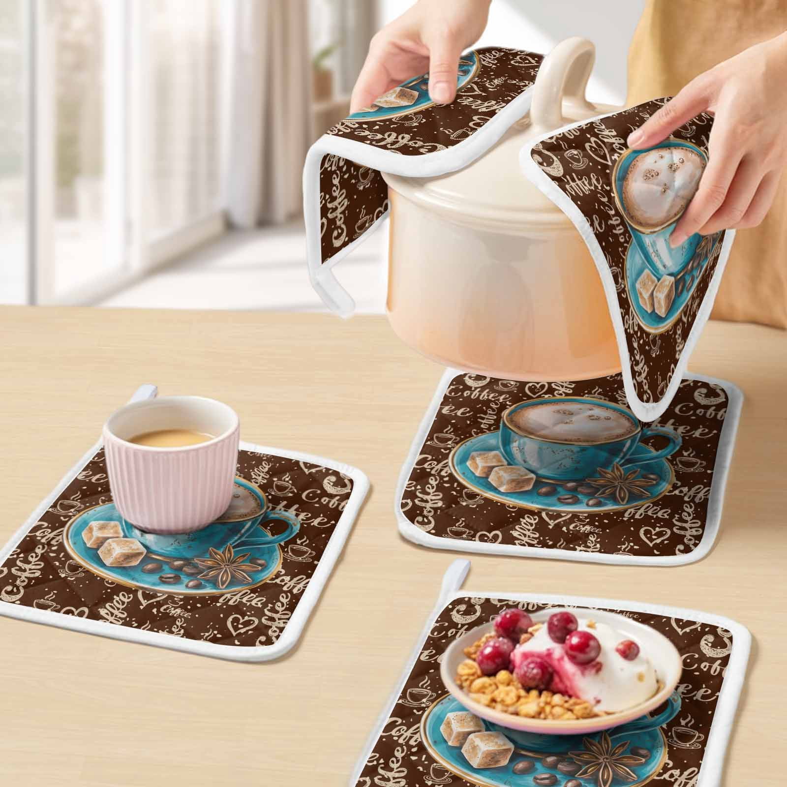 Coffee Pot Holders for Kitchen Heatproof Potholder, 4 Pack Brown Teal Pastoral Vintage Art Hot Pads Multipurpose Oven Pads Cloth Potholders Trivet for Cooking and Baking