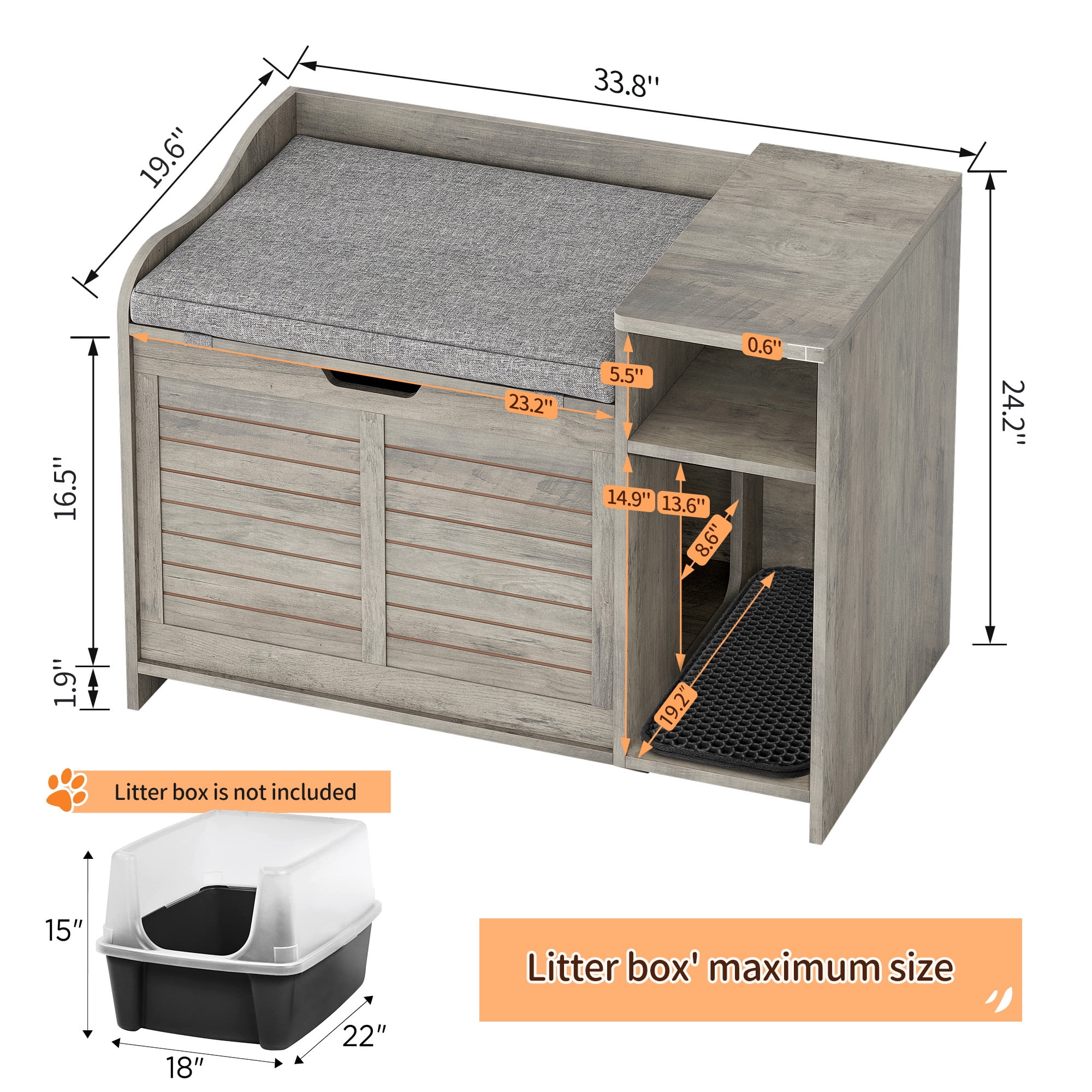 Large Wooden Cat Litter Box Enclosure – Flip-Top Opening, Hidden Storage Shelf, Litter Mat, Cushion & Pad – Covered Cat Washroom Furniture for Indoor & Heavy Cats