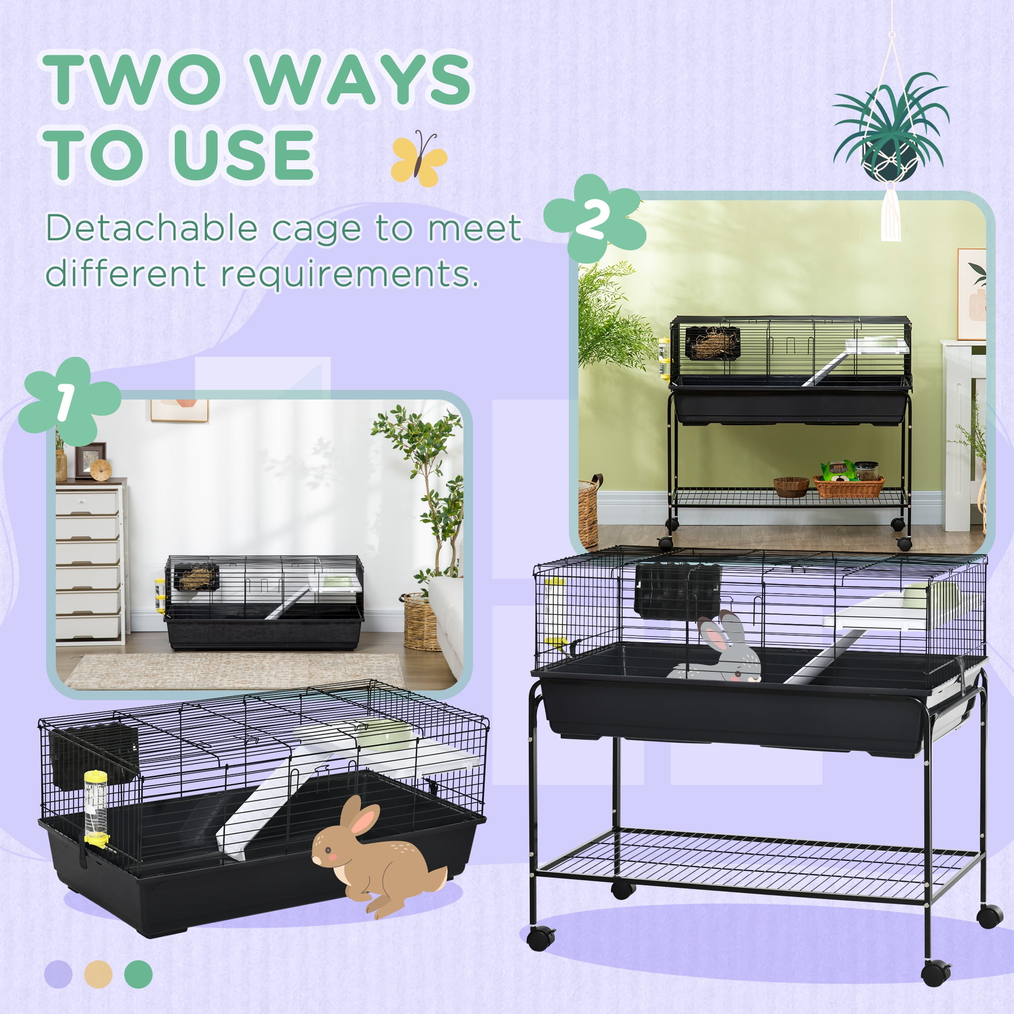 PawHut Two-Story Small Animal Cage Removable from Stand, Guinea Pig, Hedgehog, Chinchilla, Ferret, Shelf & Wheels, Pet Habitat, 39" x 20.5" x 36.5"