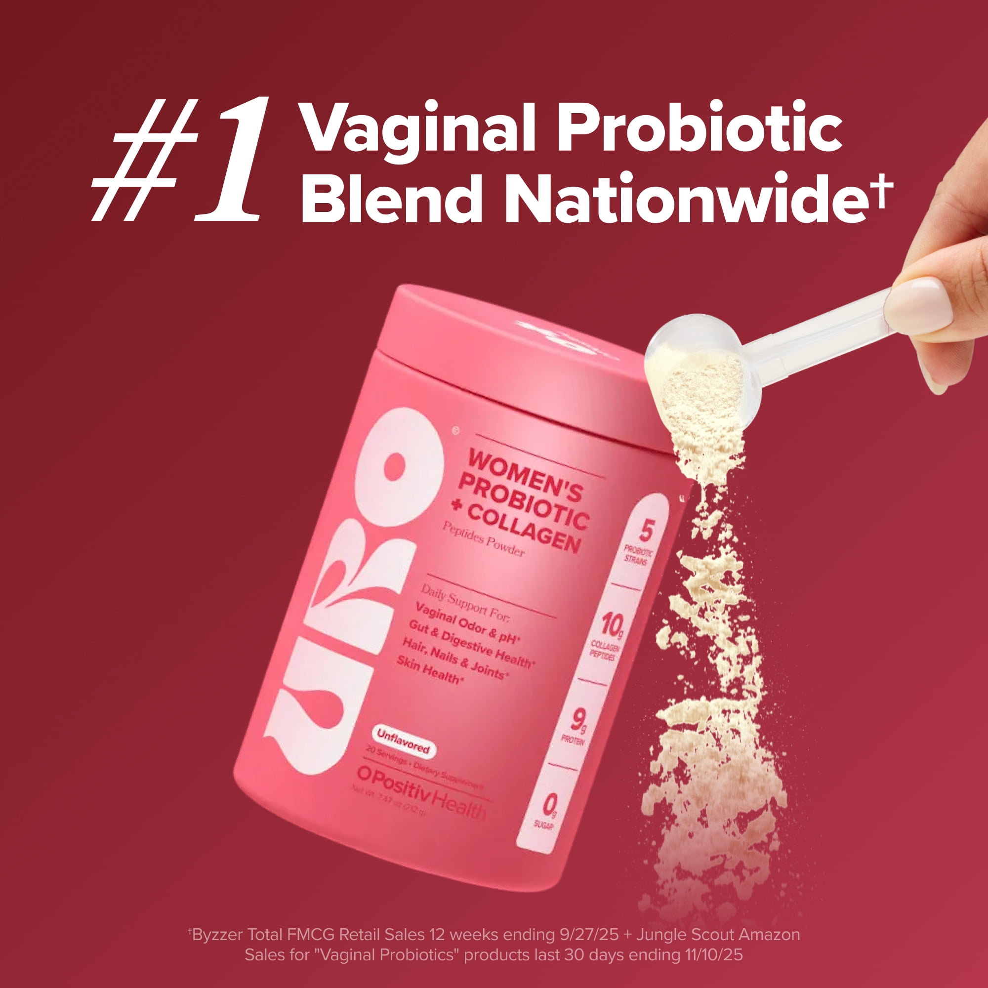 O Positiv URO Probiotic + Collagen Peptides Powder for Vaginal, Skin & Gut Health, 20 Servings