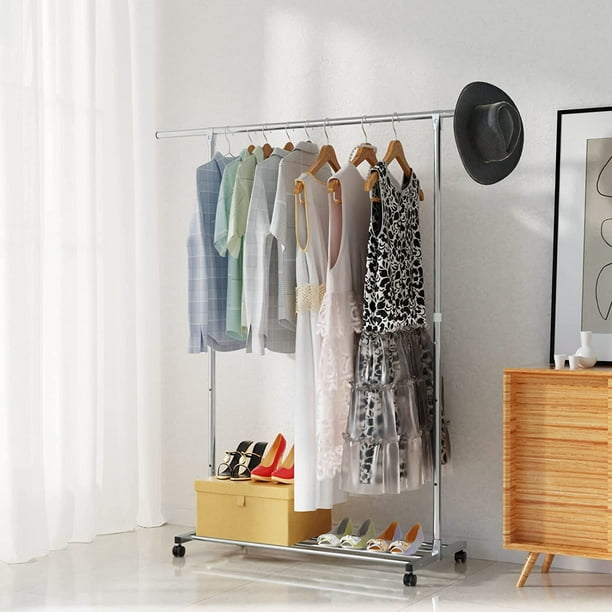 Biutee Clothes Rack with Movable Caster, Bottom Shelves Rolling Closet