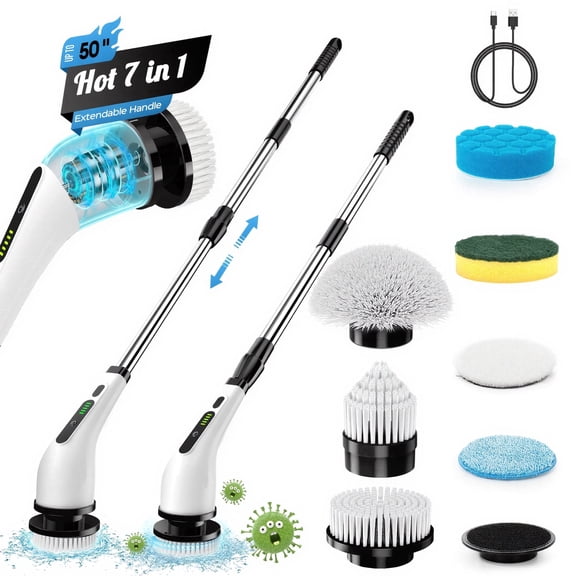 FVSA Electric Spin Scrubber, Cordless Cleaning Brush, 7 Replaceable Heads, Extendable Handle, White