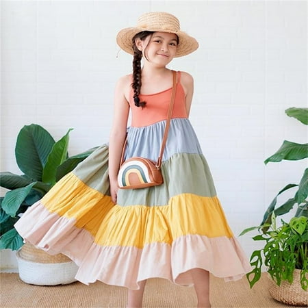 

Huilaibazo Girls Dress Kids Girls Toddler Beach Rainbow Strap Sleeveless Princess Girls Dress Cloths