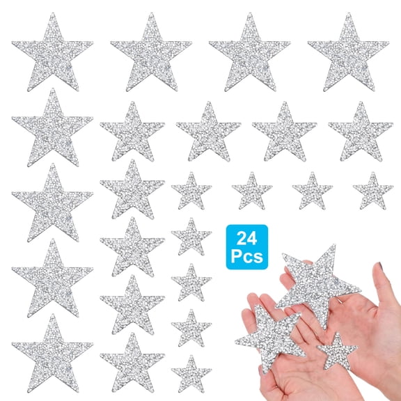24pcs Star Iron On Patches, 3 Sizes Rhinestone Silver Star Applique, Glitter Adhesive Star Shape Patch for Clothing Jeans DIY Repair Decoration