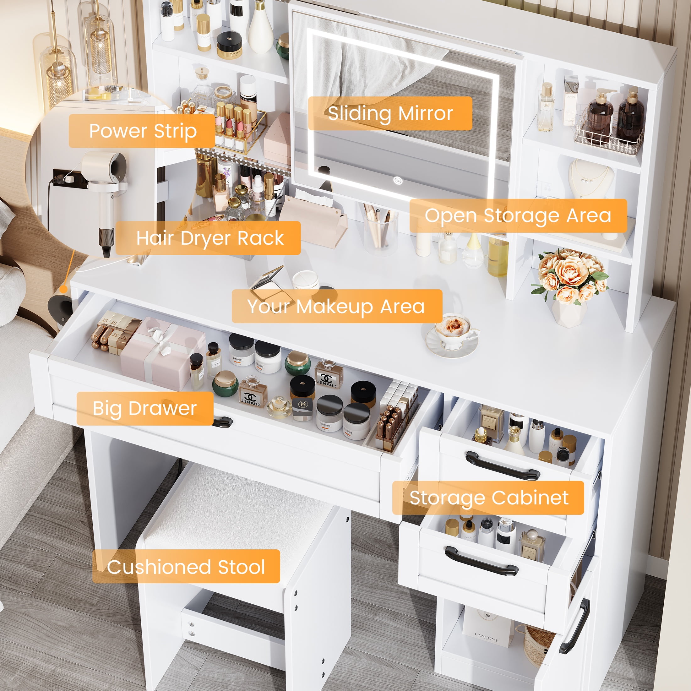 SESSLIFE Vanity Set with LED Sliding Mirror, White Makeup Table with 3 Drawers and Charging Station, Makeup Dressing Table Set with Cabinet for Women, Ladies Gifts