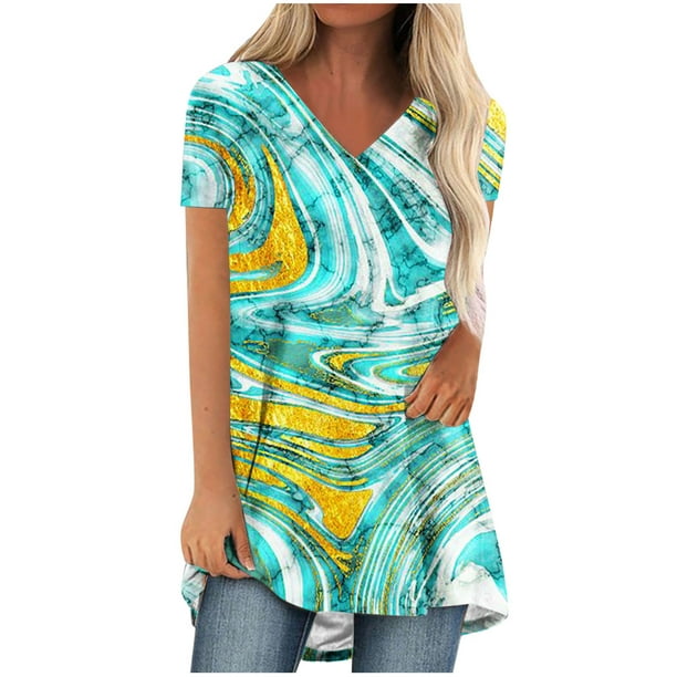 V Neck Tunic Tops for Women to Wear with Leggings Short Sleeve Flower Graphic Tee Shirts Loose Fit Blouse de Mujer de Moda -