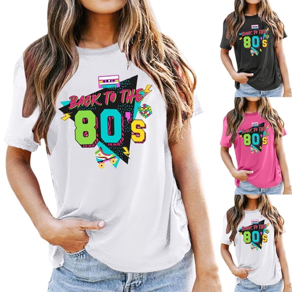 QHWAUAKFBN T Shirts For Women Trendy Graphic The 80's Shirt Vintage 80S Music Party Short Sleeve Blouse Tshirts Top