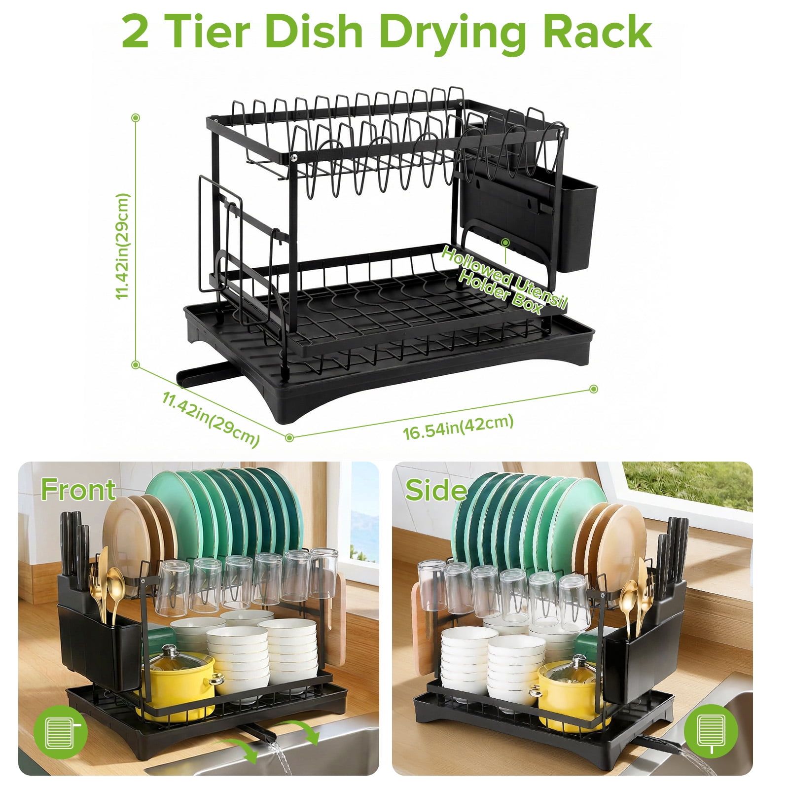 Yucurem 2-Tier Stainless Steel Dish Drying Rack with Auto Drainage, Kitchen Dish Drainer, with Utensil Cups Holder, Cutting Board Holder