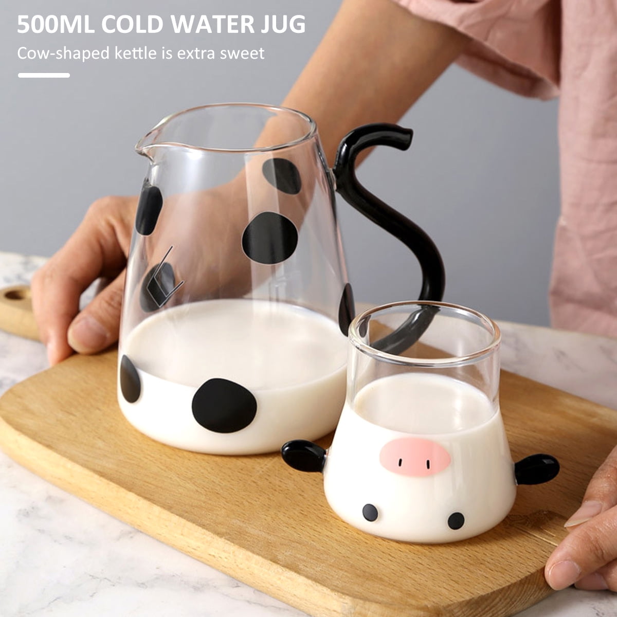 Mokylor Cow Glass Water Pitcher with Glass Cup, 500 ml Cow Print Carafe  Set, Cute Cow Water Carafe Clear glass Bedside Water Carafe And Cup Set for