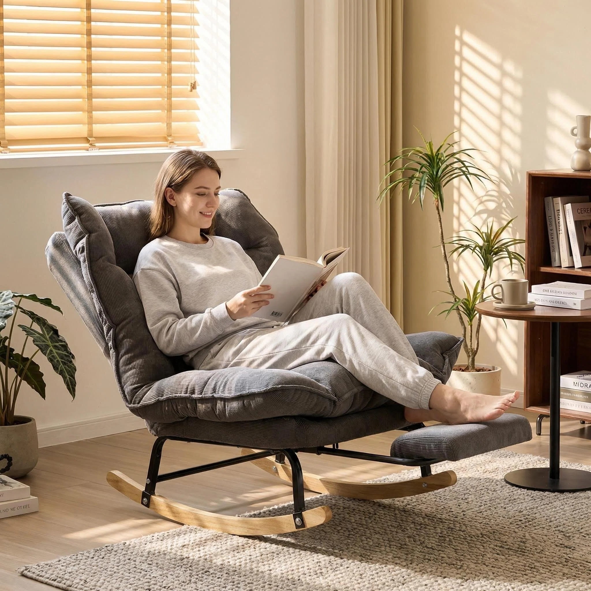 Keerffo Nursery Rocking Chair with Footrest,Corduroy Upholstered Lazy Recliner Lounge Chair, Single Sofa for Living Room, Rubber Wood Legs