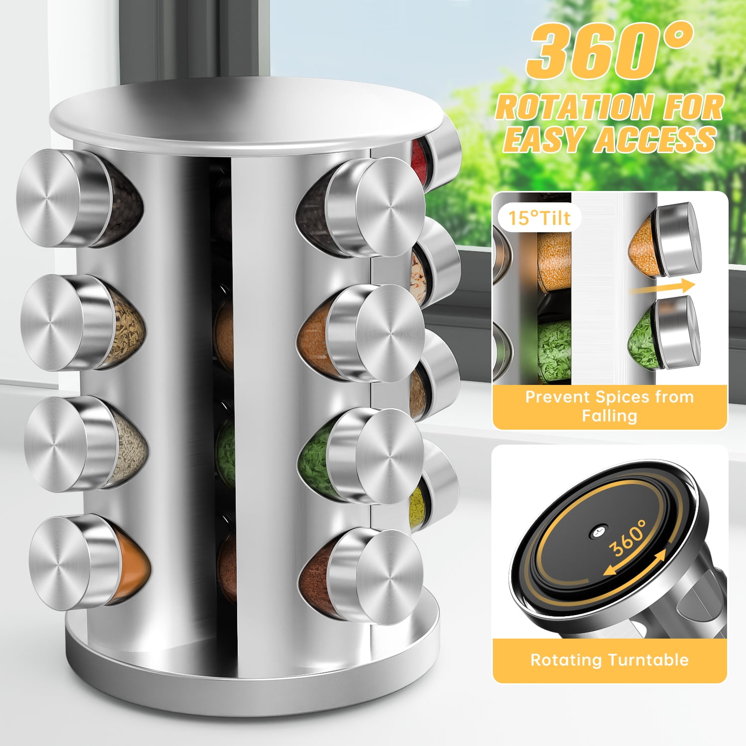 Rotating Spice Rack Organizer with 16 Jars, Revolving Seasoning Spice Rack for Kitchen, Countertop & Cabinet, Stainless Steel Spice Organizer with Reusable Labels, Funnel & Marker