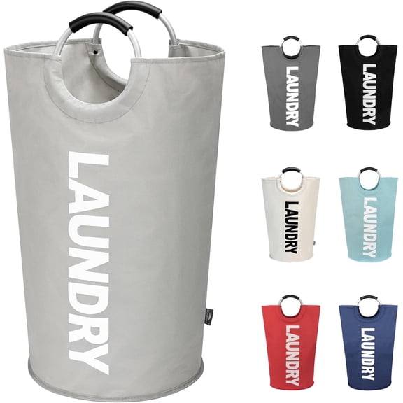 90L Large Laundry Basket, Collapsible Laundry Bag, Freestanding Tall Clothes Hamper, Foldable Washing Bin (Grey)