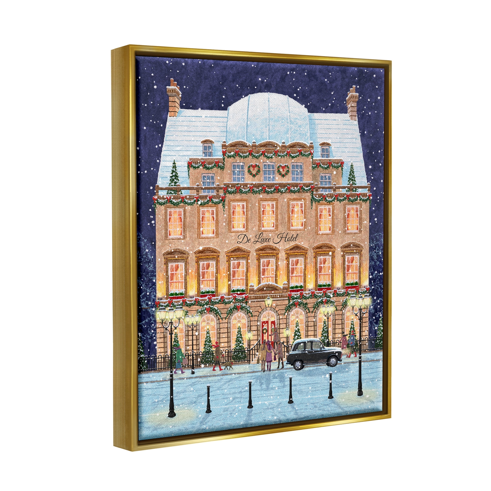 Stupell Industries Winter Hotel Christmas Festival Holiday Painting Gold Floater Framed Art Print Wall Art