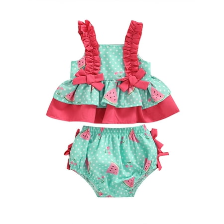

JYYYBF Newborn Baby Girls Shorts Set Adorable Dots/Watermelon Print Sleeveless Bow Tops+Lace Shorts Summer Outfits 12-18 Months