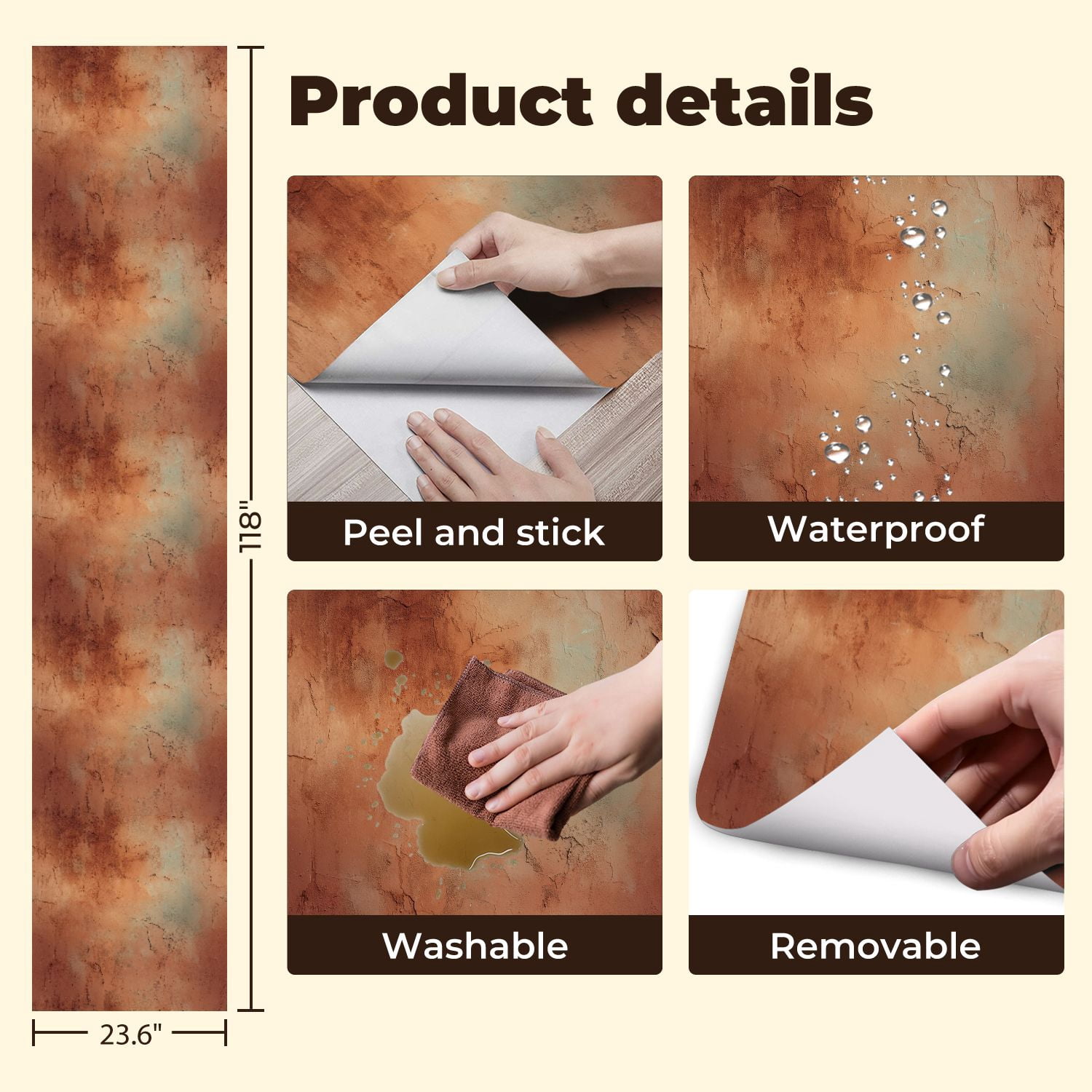 Peel and Stick Wallpaper Abstract Orange Earth Toned Cracked Wall Texture Wall Mural 23.6in x 9.8ft Self Adhesive Removable Wall Paper Renter Friendly Wallpaper for Nursery Bedroom Cabinets