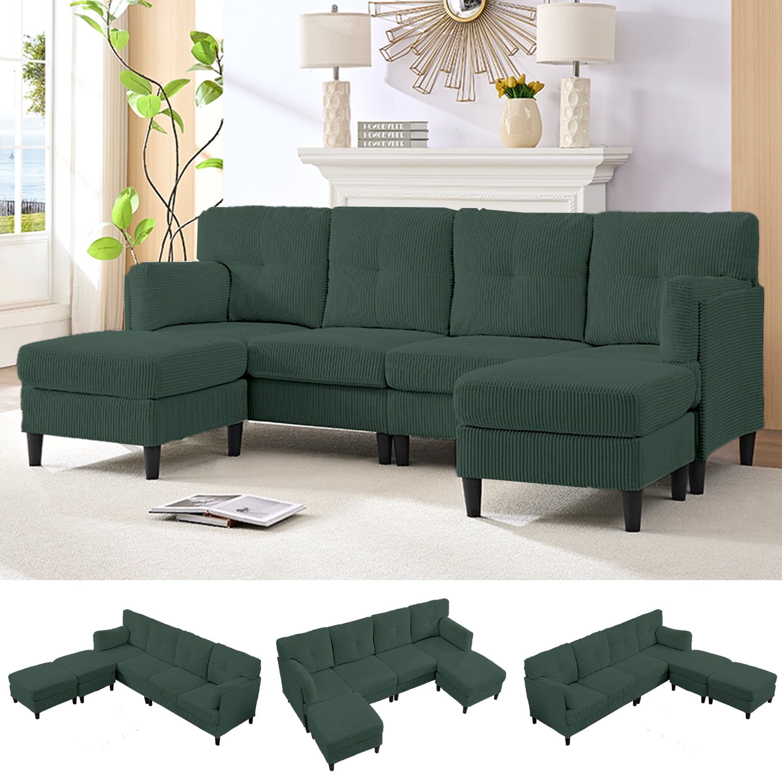 ijuicy Convertible U/L Shaped Sofa with Chaises, 6 Seater Couch for Living Room, Green