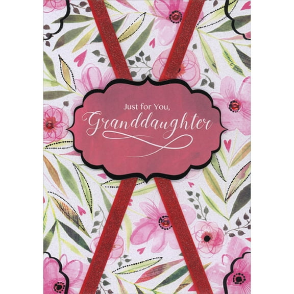 Designer Greetings Scalloped Edge 3D Die Cut Banner, Criss Cross Red Ribbons and Pink Flowers Hand Decorated Valentine's Day Card for Granddaughter