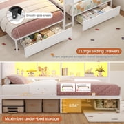 Double Twin Bed Frame for 2, Metal Corner Bed Frame with Storage Bookcase Divider & LED Lights & Charging Station, Daybed with Headboard and 2 Drawers, Twin Size Platform Beds for Teens, White