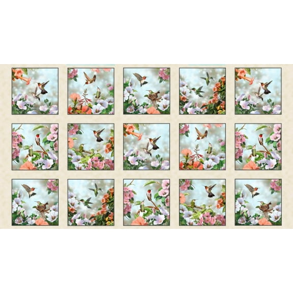 24" X 44" Panel Hummingbirds Birds Animals Blocks Squares Dating Game Flowers Plants Cream Cotton Fabric Panel (40006-CREAM) by Elizabeth Studios