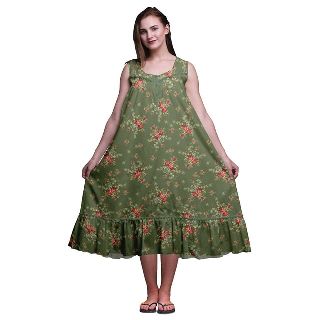 Bimba Robe de Nuit Mi-Mollet pour Femmes en Coton Imprimé Sans Manches à Feuilles Florales/rose et Myosotis Vert Algue, Robe Maxi XXX-Large