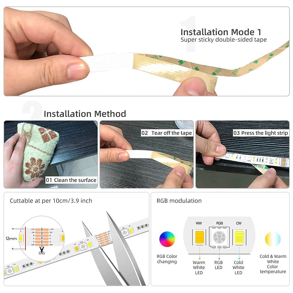 GIDEALED RGBWW LED Strip Light 12V,2700K~6500K WW CW&16 Million RGB Color Changing for Bedroom