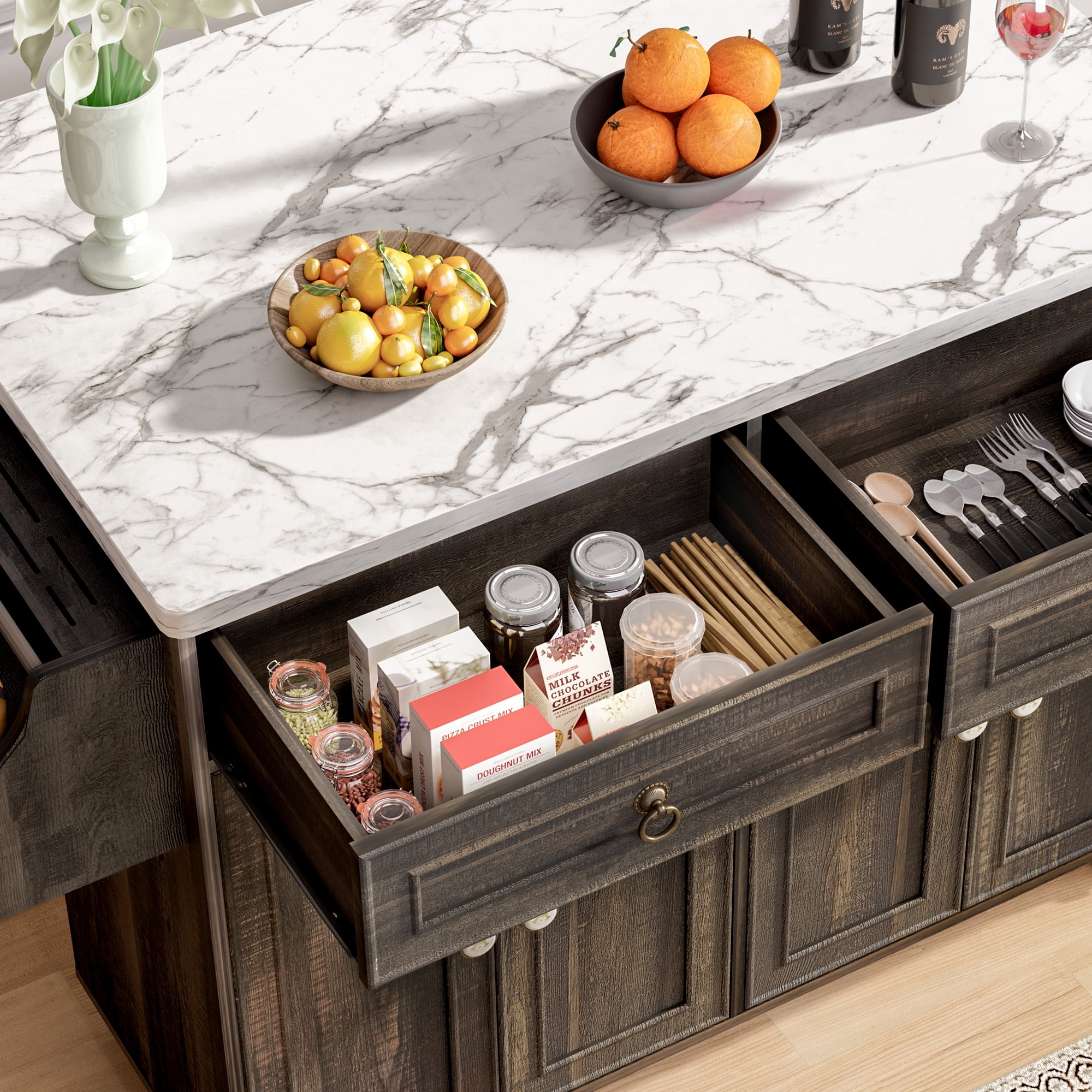 Farmhouse Kitchen Island Cart with Foldbale Tabletop and Power Outlet, Portable Rolling Kitchen Island with Locking Wheels, Spice Rack & Storage Cabinet, Retro Brown