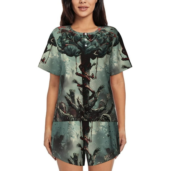 Kdxio Zombie Flower Apocalypse Print Pajamas Sets for Women Short-Sleeved Pjs with Lounge Shorts Two Piece Sleepwear S-4XL