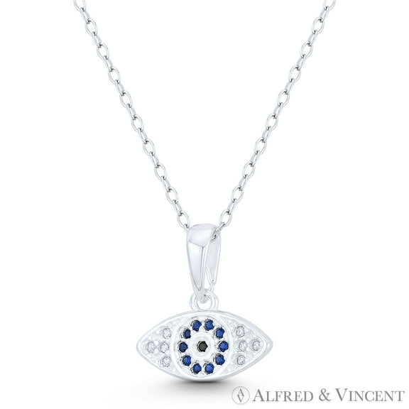 Evil Eye Luck Charm CZ Crystal 16x20mm Pendant & Chain Necklace in .925 Sterling Silver w/ Rhodium