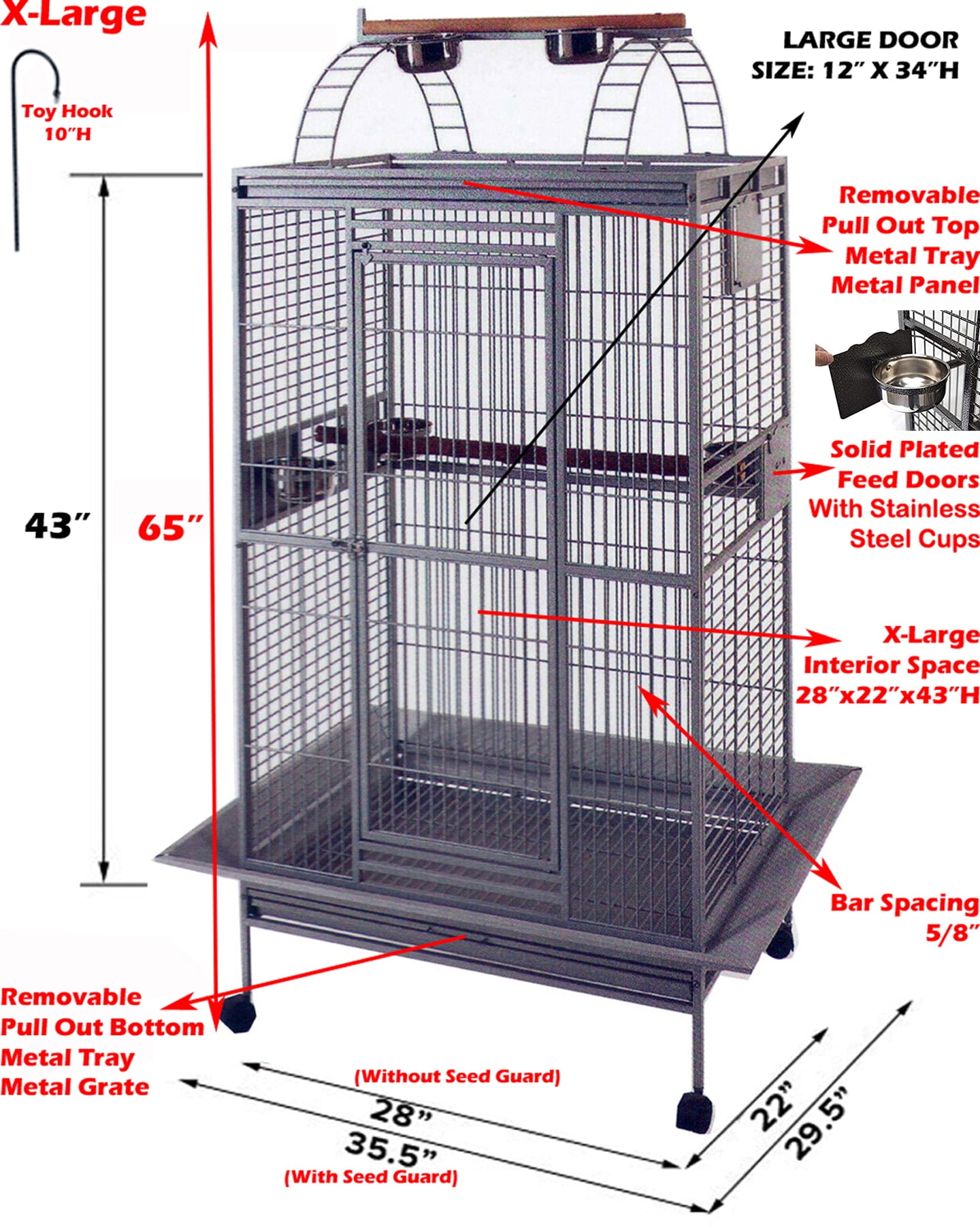 X-Large 28"x22"x65"H Elegant Wrought Iron Play Top Bird Parrot Peach Stand Cage for African Grey Quaker Amazon Parrot Cockatiel Sun Green Cheek Conure Cockatoo Rolling Stand