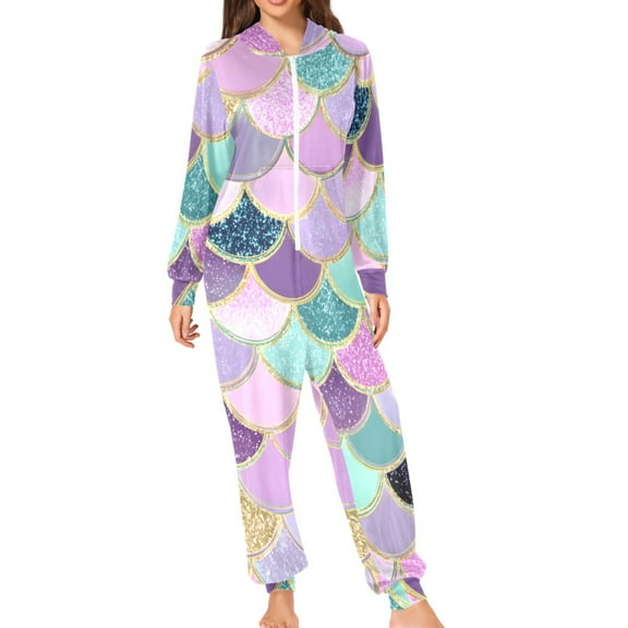 Pink Blue Purple Mermaid Scales Adult's Hoodie Onesie Jumpsuit One-Piece Pajamas with Zipper Unisex for Holiday S