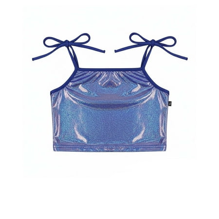 DHFJKG Shiny Crop Top For Girls Performance Wear Glitter Lace Up Spaghetti Strap Sleeveless Tee Carnival Dance Comfortable Tops