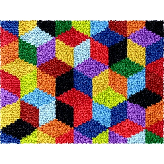 Latch Hook Kits Rug DIY Color Cubes Cushion Tapestry Making Crochet Hook Mat Making Kits Color Preprinted Pattern Canvas DIY Carpet Needlework Crochet Kits Sofa Decor 52x38cm